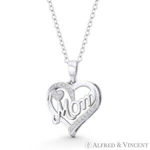 Heart Charm CZ Crystal Cursive "Mom" Pendant in .925 Sterling Silver w/ Rhodium